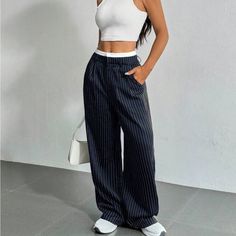 Super Cute And Stylish Ships In 5-10 Business Days Blue Striped Pants Outfit, Jumpsuits Womens Fashion, Wide Leg Suit Pants, Uni Outfits, Rose Blue, Suit Pants, Inspiration Style, Pants Outfit, Jumpsuits For Women