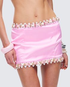 Flirt your way to the top of their roster in this pink floral micro mini skirt 😏 Crafted from luxurious satin, this piece features a stunning lace-up back, boning, and eyelets with a chic lace-up trim making it the ultimate blend of sweet and sassy 🌸 Pink Mini Skirt, Micro Mini Skirt, Graphic Top, Micro Mini, White Jersey, Ruffle Shorts, Mini Wrap Dress, Black Ruffle, Pink Floral