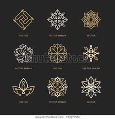 the logos for different types of flowers and leaves are shown in gold on a black background