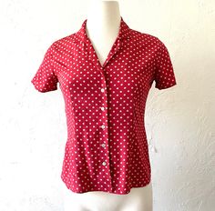 "90s - 00s chic and classic dark-ish red and beige silk polka dot button up shirt by Casual Corner.  Tagged size 2 bust 34\" waist 30\" length 24.5\" best on an xs - small *like the look? Check out my other items! ;) (North Face zip off cargo shorts/pants)" Silk Button Up Shirt, Red And Beige, Beige Silk, Silk Button Up, Shorts Pants, 90s 00s, Satin Slip, Polka Dot Blouse, Satin Slip Dress