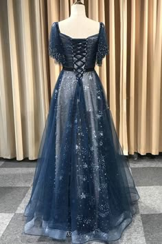 Prom Dress Blue, Tulle Long Prom Dress, Tulle Evening Dress, Yule Ball, Prom Dress Ideas, Evening Dresses With Sleeves, Blue Tulle, Cute Prom Dresses, Fantasy Gowns