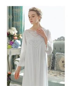 Princess Cotton Sleepwear Spring Summer Female Long Sleeve Lace French Court Retro Women Long Nightgown Elegant Romantic Long Sleeve White Nightgown For Sleep, White Long Sleeve Nightgown For Sleep, Elegant Night Cotton Dresses, Elegant Cotton Dress For Night, Feminine Long Sleeve Cotton Nightgown, Feminine Long Sleeve Nightgown For Home, Long Sleeve Lace Trim Sleepwear For Sleepovers, Elegant Cotton Nightgown For Sleepover, Long Sleeve Lace Trim Sleepwear For Bedtime