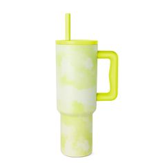 a yellow and white coffee cup with a straw in the middle on a white background