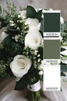 a wedding bouquet with white roses and greenery in shades of grey, green, and white