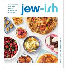 the book cover for jewish cuisine with pictures of different foods and desserts on it