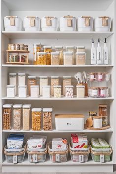 an organized pantry filled with lots of food and containers for storage, including cereals