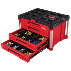 two red tool boxes filled with tools on top of each other