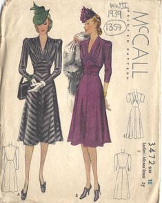 ~ Circa/Date: 1939 WW2 ~ Details:   Two style variation DRESS  ~ Size/Measurements (Inches):     ~ Size: 18     ~ BUST: 36″     ~ Waist:  30″     ~ Hip: 39″ ~ Please Note: ~ You are buying a 'Professional Reproduced' copy of this sewing pattern. Copied from the original sewing pattern. Produced in Full Scale Pattern Pieces ready to cut with full instructions included. Reproduced on high quality 50 gm paper with black ink, durable and easier for reuse. Printed by a Professional Printing Company.   ~ With this product comes an accompanying 'Booklet' and inside the Booklet it includes: ~ A 2-page Instructions and Illustrations on 'How to Adjust Your pattern to your Personal Measurement.' ~ Personal Measurement Chart ~ Body Form Illustrations ~ Fitting Checklist ~ Metric Equivalency Chart ~ No Classic Fitted Dress With Vintage Pattern, 30s Dress Pattern, 1940s Style, 30s Fashion, London College Of Fashion, Vintage Dress Patterns, Vogue Sewing, Motif Vintage, 1940s Dresses