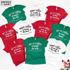 Most Likely To Christmas Group Shirt, Personalized Family Christmas Shirts, Christmas Party Shirts, Matching Christmas Shirt, Xmas Pajamas  We wish everyone to smile with our cute, stylish, and trendy graphic T-shirts. We assure you this shirt is the perfect gift whether you buy it for yourself or someone else. Black text is only used for White, Athletic Heather, Baby Blue, Natural, Orange, Yellow, Heather Peach, Pink, Mint, Cancun, Banana Cream, and Desert Pink colored shirts. White text is used for other colored shirts. Please review all the photos for the appearance of the designs on the shirts. Color and size charts are included in the listing photos. If you have any other design wish that you couldn't find in the shop, do not hesitate to CONTACT us. We are delighted to help you! 💧 C Cousin Christmas Shirts Funny, Desert Pink, Xmas Pajamas, Christmas Pj, Matching Christmas Shirts, Christmas Party Shirts, Group Shirts, Banana Cream, Family Christmas Shirts