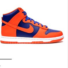 Nike Dunk Highs Knicks Orange And Blue Sneakers (Worn Twice Only) Sporty Blue High-top Sneakers With Gum Sole, Casual Orange Sneakers For Sports, Orange Lace-up Skate Shoes With Cushioned Footbed, Blue High-top Basketball Shoes With Gum Sole, Orange Mid-top Skate Shoes For Streetwear, Casual Orange Running Shoes For Streetwear, Casual Orange Running Sneakers, Orange Lace-up Sneakers For Jogging, Orange High-top Running Shoes