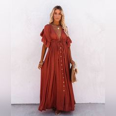 Gorgeous Semi Sheer Flowy Cover Up Dress * Ruffle Short Sleeve * Adjustable Tie Waist * Button Front * Unlined * Raw Ruffled Edges * Pockets Approx. 51" To 52" Long Fit Multiple Sizes Small Medium Large Extra Large Xl Color Rusty Red Also Available In White, Black, Blue, Purple, Tan, Beige Ivory, Gray And Olive Green #Babydoll Empire Dress Spring Summer Fall Festival Spell Gypsy Casual Vacation Coastal Flirty Lingerie Short Beach Bunny Resort Photo Shoot Maternity Tunic Flounce Flutter A Line Fl Long Beach Wear, Holiday Dresses Women, Boho Mode, Maxi Dress Summer, Bohemian Mode, Outfit Chic, Summer Beach Dress, Beach Coverup Dress, Estilo Boho Chic