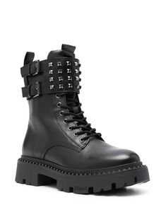 Find ASH Gun Stud 50mm Combat Boots on Editorialist. black calf leather smooth grain polished finish silver-tone stud detailing double pull-tab at the opening round toe front lace-up fastening side zip fastening side buckle fastening branded leather insole 50mm block heel rubber lug sole Studded Combat Boots, Lug Sole, Pull Tab, Side Zip, Lace Front, Calf Leather, Black Boots, Combat Boots, Block Heels