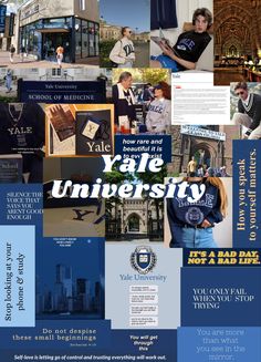 a collage of images with the words ya ate university in blue and white on it