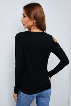 Black Asymmetric Cold Shoulder Long Sleeve Top Black Asymmetrical Solid Color Tops, Casual Black Top With Asymmetrical Neckline, Black Top With Asymmetrical Neckline For Spring, Black Asymmetrical Neckline Top For Spring, Black Top With Asymmetrical Neckline For Fall, Black Asymmetrical Top For Fall, Round Neck Long Sleeve Top, Cutout Neckline, Picture Style