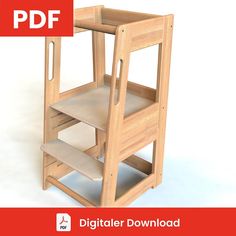 an image of a wooden step stool with shelves on the top and bottom shelf for children's furniture