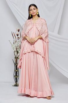 Shop for Surbhi shah Pink Pure Satin Embroidered Cape And Sharara Set for Women Online at Aza Fashions Pink Semi-stitched Shantoon Sharara, Elegant Pink Sharara With Printed Motifs, Pink Sharara With Dupatta And Cape Sleeves, Pink Cape Sleeves Set With Dupatta, Pink Semi-stitched Sharara With Intricate Embroidery, Flared Sharara, Asymmetric Cape, Satin Embroidery, Embroidered Cape