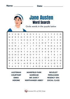 the jane austen word search page for children's book, which includes words and pictures