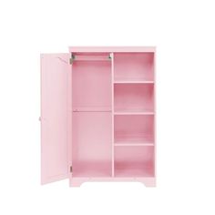 a pink cabinet with shelves and doors