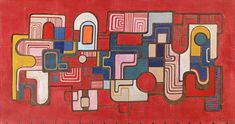 an abstract painting with many different colors and shapes on red background, including circles and rectangles