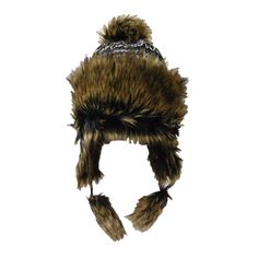 Knit trapper hat with faux fur edging, pom pom, tie ends, and flap lining. Soft, cozy warm winter hat with thick fleece lining. One size fits most. 50% acrylic, 50% polyester