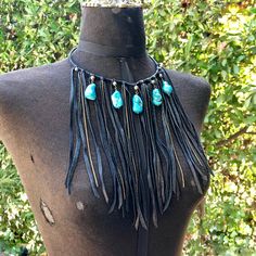 Black Bib Necklace Black Leather Fringe Turquoise Bib | Etsy Black Southwestern Necklaces For Festivals, Black Southwestern Necklace For Festival, Southwestern Style Black Necklace For Festivals, Southwestern Style Black Necklace For Festival, Bohemian Adjustable Black Turquoise Necklace, Bohemian Leather Necklace For Festivals, Bohemian Black Leather Necklace, Blue Leather Jewelry For Festivals, Southwestern Leather Jewelry For Festivals