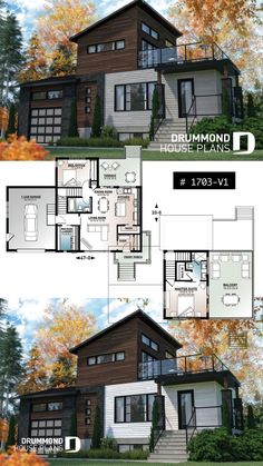 two story house plan with three levels and an open floor plan for the second level