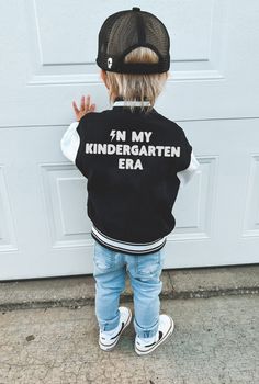 ♥ PLEASE READ ♥ Please read before placing an order.  * All of our clothes are made by me, a Swedish mama, living in Canada. * If you have any questions about our clothes, send us a message here on Etsy.  * We would love it if you followed us on instagram  @littleandswede ♥ VARSITY JACKET INFORMATION   * Sizes available are 2T, 3T, 4T 5/6T and 7T * Material: This is a super comfy sweater jacket. A perfect in-between sweater and jacket. Can be used as a light fall/spring jacket outdoors as well a Boys Kindergarten Outfits, School Spirit Cotton Outerwear, Cotton Hooded Varsity Jacket For School, Hooded Cotton Varsity Jacket For School, School White Cotton Varsity Jacket, School Varsity Outerwear With Letter Print, Varsity Outerwear With Letter Print For School, Varsity Style Outerwear With Letter Print For School, White Cotton Varsity Jacket For School