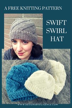 a woman wearing a knitted hat and mittens with text overlay that reads, a free knitting pattern swift swirl hat