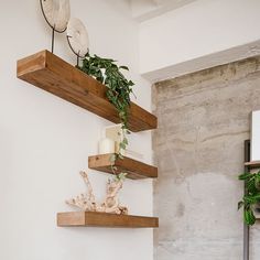 two wooden shelves with plants and candles on them