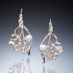 Silver Earrings - These dangle earrings offer a charming, freeform branch and leaf design which is enhanced with peg-set, white freshwater pearls. Sterling silver ear wires. Pearl Wire Earrings, Elegant Freeform Earrings For Gifts, Elegant Silver Freeform Earrings, Soft Solder Jewelry, Jewelry Smithing, Ethereal Romantic, Soft Solder, Trellis Garden, Garden Earrings