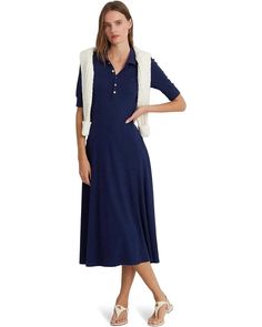 Women's LAUREN Ralph Lauren Cotton-Blend Polo Dress | Zappos.com Classic V-neck Shirt Dress With Button Closure, Elegant Cotton Dress With Button Cuffs, Cotton V-neck Midi Dress With Button Closure, Classic Cotton Dresses With Buttons, Classic Cotton Dress With Buttons, Formal Cotton Dress With Buttons, Elegant V-neck Dress With Placket, Elegant Cotton Shirt Dress With Button Closure, Elegant Cotton Shirt Dress