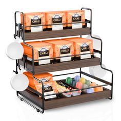 three tiered spice rack with different types of spices