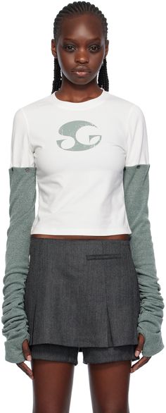 Stretch cotton jersey T-shirt. · Rib knit crewneck · Logo printed at chest · Gathering at detachable arm warmers · Thumbhole at cuffs Supplier color: White White Arm Warmers, Knit Crewneck, Style Board, Jersey T Shirt, Luxury Streetwear, Arm Warmers, Stretch Cotton, Fashion Inspo Outfits, Long Sleeve T Shirt