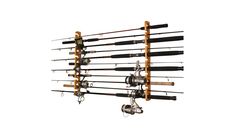 fishing rods and reels are hanging on the wall with hooks for each rod to hold them