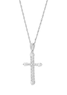 A sophisticated cross pendant flanked in 1/2 ct. t.w. Lab-Created Diamonds offers unmatched sparkle to this polished 10K White Gold necklace from Belk & Co. | Belk & Co 1/2 ct. t.w. Lab-Created Diamond Necklace in 10K White Gold with 18" Rope Chain Classic Diamond Cut Cross Necklace For Formal Occasions, Classic Diamond White Crucifix Cross Necklace, Classic Formal Cross Necklace With Diamond Cut, Classic Diamond Cross Necklace For Formal Occasions, Classic Diamond Cut Cross Necklace, Classic Cross Necklace With Diamond Accents, Formal White Gold Crucifix Diamond Necklace, Formal White Gold Cross Necklace With Diamond Cut, Formal Crucifix Necklace With Brilliant Cut