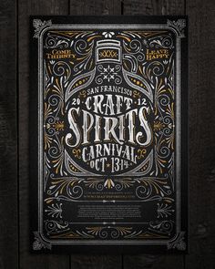 a poster with the words great spirits carnival written in white and gold on black paper