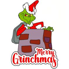 the grinch is sitting on top of a pile of bricks with santa's hat