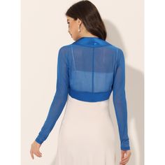 This sheer-sleeve shrug in a soft and lightweight fabric makes an easy, elegant top that can be worn cinched at the shoulder. Complete with fashion chiffon bolero shrugs running through the neck, highlighting the neckline. Perfect for slipping on over your occasions and events. This contemporary cover-up is designed for a clean, collarless silhouette so it is precisely cropped above the waist. Blue Mesh Top With Mesh Sleeves For Summer, Summer Blue Mesh Top With Mesh Sleeves, Elegant Summer Crop Top With Sheer Sleeves, Blue Stretch Mesh Top With Mesh Sleeves, Blue Tops With Mesh Sleeves For Summer, Elegant Sheer Sleeves Crop Top For Spring, Elegant Spring Crop Top With Sheer Sleeves, Blue Tops With Mesh Sleeves For Spring, Spring Crop Top With Sheer Sleeves