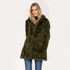 Luxuriously Soft, Gorgeous Faux Fur Jacket In A Wonderfully Neutral Moss Green; Fully Lined, Two Square Front Pockets And Two Chunky, Polished Marbled Buttons. You’ll Feel Fabulous Wearing This Coat And It Will Work With Your Entire Wardrobe For Any Occasion Be It Casual, Professional, Social Or Formal-Wear; It Fits Right In. Green Fur Coat, Moss Green Color, Black Motorcycle Jacket, Roy Black, Poncho Jacket, Yellow Fits, Casual Professional, Raincoat Jacket, Distressed Jean Jacket