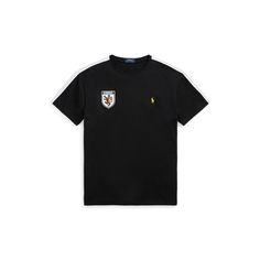 This T-shirt is crafted with soft cotton jersey and features a shield patch inspired by the flag of Germany. Classic Short Sleeve T-shirt With Logo Patch, Black Cotton Tops With Appliqué Logo, Classic Cotton T-shirt With Logo Patch, Casual Cotton T-shirt With Logo Emblem, Casual Short Sleeve T-shirt With Logo Emblem, Black Short Sleeve Tops With Appliqué Logo, Graphic Tee With Logo Emblem And Short Sleeves, Ralph Lauren Cotton Tops With Embroidered Logo, Ralph Lauren Sporty Graphic Print T-shirt