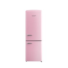 a pink refrigerator freezer sitting on top of a white wall