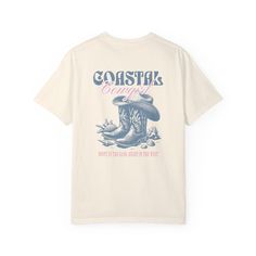 Coastal Cowgirl Comfort Colors Tshirt, Beachy Western Tee, Front & Back Graphic Summer Beach Shirt, Vintage Inspired .: The Comfort Colors 1717 tee is made with medium fabric (6.1 oz/yd² (206.8 g/m²)) consisting of high quality, 100% ring-spun US cotton for long-lasting comfort. .: The relaxed fit keeps the wearer comfy in both casual and semi-formal settings while the crew neckline delivers that classic, neat style which makes it perfect for accessorizing. .: The pre-shrunk fabric ensures a con Beige Graphic Tee For Summer, Beige Crew Neck Top For Vacation, Cream Graphic Print Top For Summer, Beige Graphic Print Shirt For Summer, Beige Shirt With Graphic Print For Summer, Cream Short Sleeve T-shirt For Summer, Cream Crew Neck Top For Vacation, Summer Cream Camp Shirt With Relaxed Fit, Summer Cream Graphic Tee T-shirt