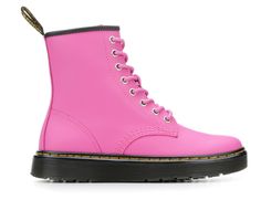 Durable leather upper, Secure lace-up closure, Lightly padded insole, Durable PVC DMC Air Cushioned lug grip outsole, Smooth boot lining, Fabric pull loop at back, Dr. Martens branding details | Women's Dr. Martens Zavala Combat Boot in Thrift Pink Size 7 Womens Combat Boots, Combat Boot, Shoe Carnival, Color Therapy, Leather Fabric, Lining Fabric, Lace Up Boots, Combat Boots, Womens Boots