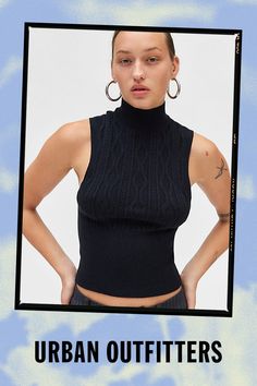 Silence + Noise tank top in a textured cable knit. Designed in a slim & cropped fit featuring a high turtleneck and ribbed knit bodice. Only at Urban Outfitters. Features Silence + Noise Aniston turtleneck sweater tank top Cable knit tank top Midweight cable knit Ribbed knit turtleneck and sleeveless Ribbed knit bodice Slim body-skimming fit Cropped length Easy pull-over style UO exclusive Content + Care 60% Rayon, 40% cotton Machine wash Imported Size + Fit Model in Black is 5’7" and wearing size Small Measurements taken from size Small Chest: 22" Length: 19" | Silence + Noise Aniston Turtleneck Sweater Tank Top in Black, Women's at Urban Outfitters Cable Knit Tank Top, High Turtleneck, Turtleneck Tank Top, Knit Tank Top, Knit Turtleneck, Black Turtleneck, Sweater Tank, Sweater Tank Top, Knitted Tank Top