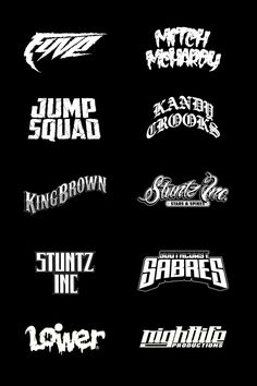 six different logos are shown in white on black background, each with the same name