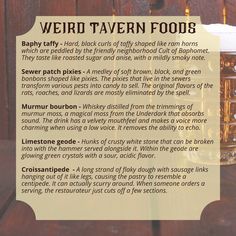 a recipe for weird tavern foods on a wooden table next to a glass of beer