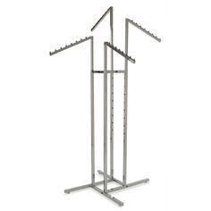 a metal rack with three clothes hanging on it's sides and two bars attached to the top