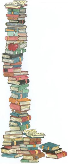 a tall stack of books sitting next to each other on top of a white surface