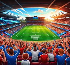 an artist's rendering of a soccer stadium filled with people raising their hands in the air