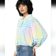 Only Vision Checks Top Features: Button-Down Shirt With Collar All Over Plaid Print Relaxed Fit Crop Length Slightly Cropped Bishop Sleeves Buttoned Cuffs Rounded Hem 100% Viscose Approximate Flat Measurements: From Shoulder To Hem: 21" L Pit To Pit: 21" Size: 36/Us S Made In India New With Tags Casual Multicolor Spring Shirt, Trendy Multicolor Blouse With Button Closure, Multicolor Button-up Tops For Spring, Multicolor Buttoned Tops For Spring, Multicolor Button Top For Spring, Casual Multicolor Button-up Blouse, Multicolor Button-up Top For Daywear, Trendy Multicolor Button-up Tops, Multicolor Spring Top With Button Closure